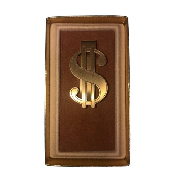 A&Z Hayward Money Clip Dollar Sign Gold Tone Brushed Etched Slim Brass Vintage - Picture 1 of 8